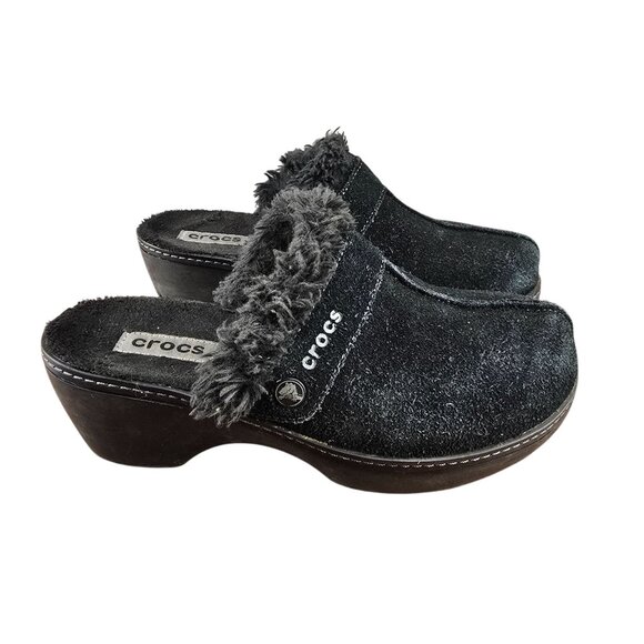 Crocs Black Faux Fur-Lined Clogs Womens Size 8 Suede Mules Shoes - Picture 1 of 14